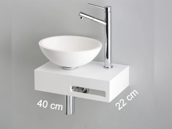 Vasque  lave-mains pour toilettes, suspendu et compacte, parfait pour les espaces restreints, Largeur 40 cm, Profondeur 22 cm, Hauteur 23 cm, résine minéral, Livraison 5-7 jours OFFERTE.